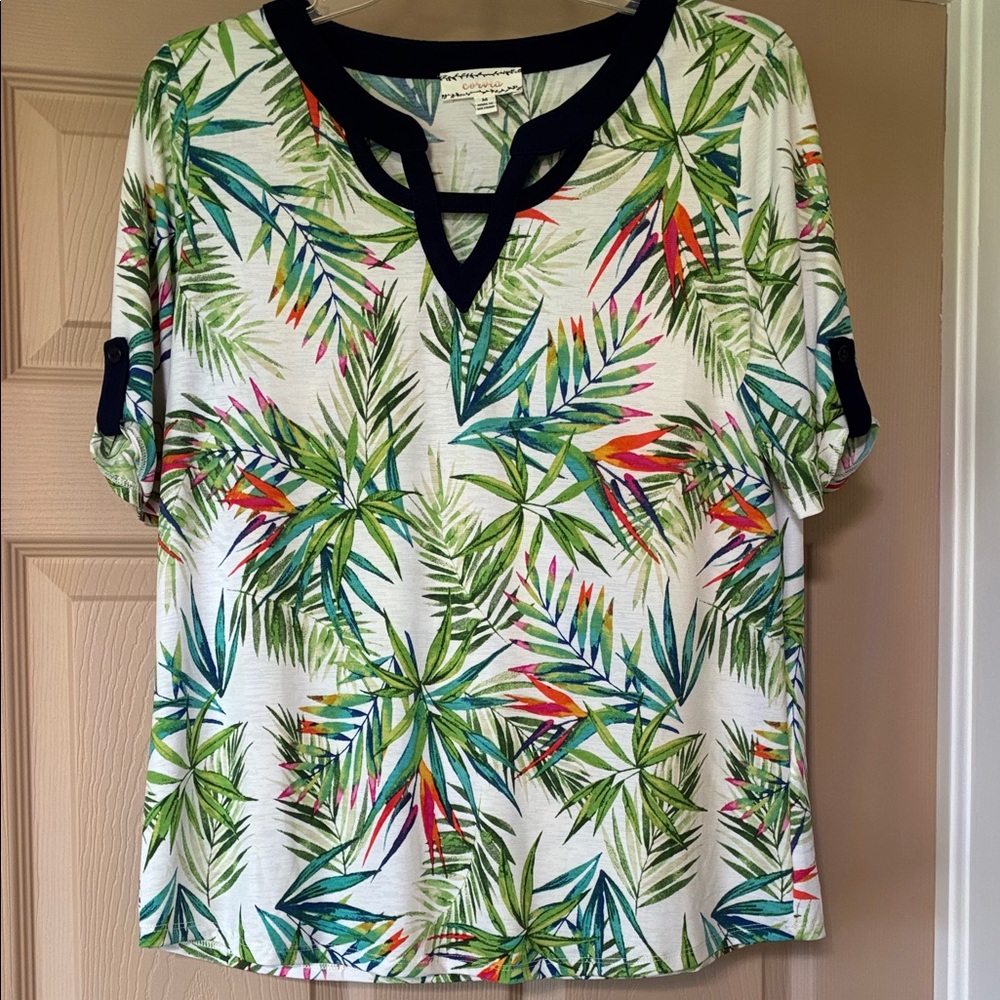 Women's Tropical Leaf Short Sleeve Tee - White/Green - Unknown Brand